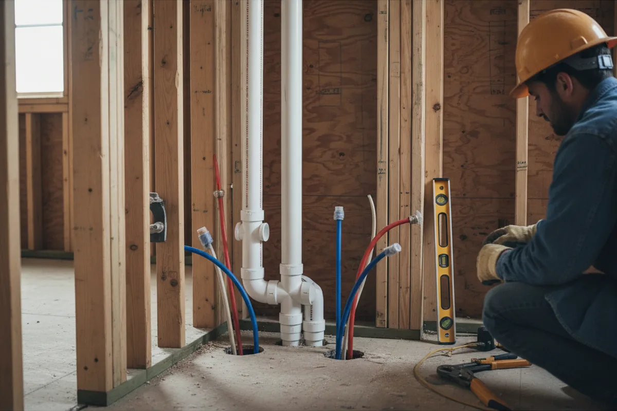 Drain and supply rough-in during Sump Pump Repair in Traver