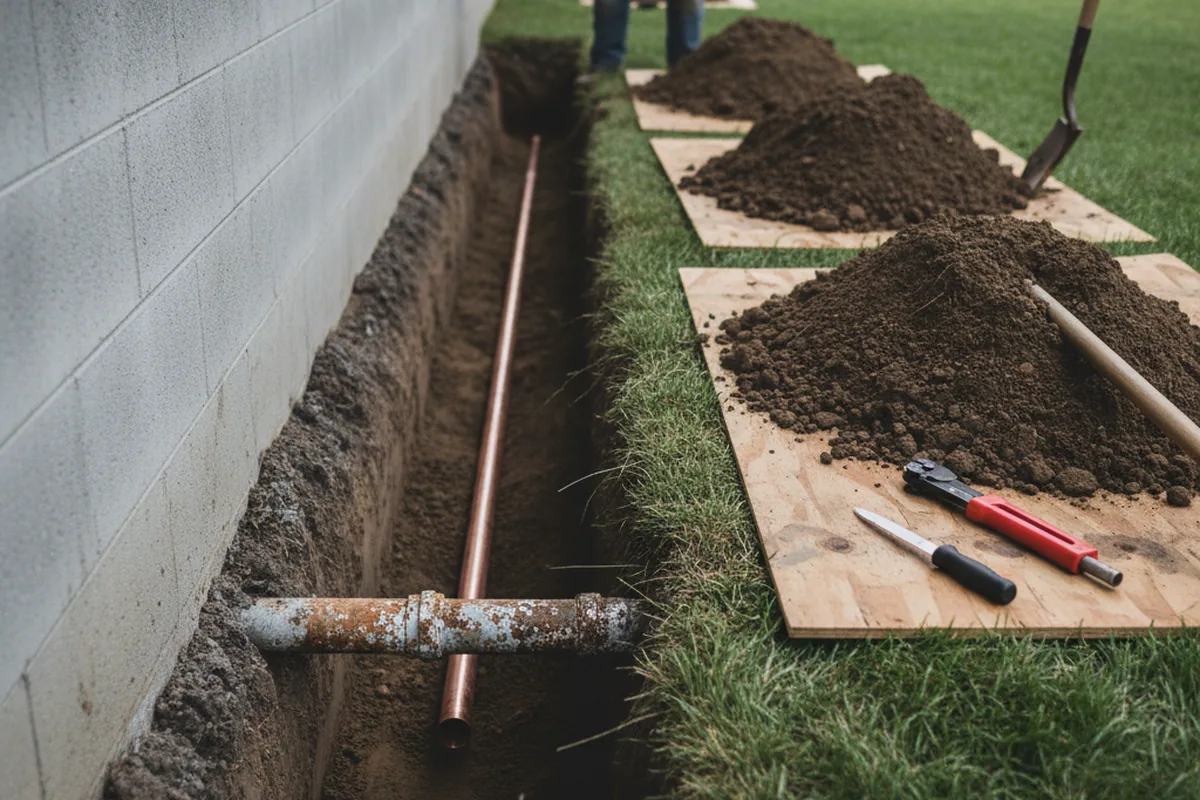 Excavated water line trench during Water Heater Repair in Traver
